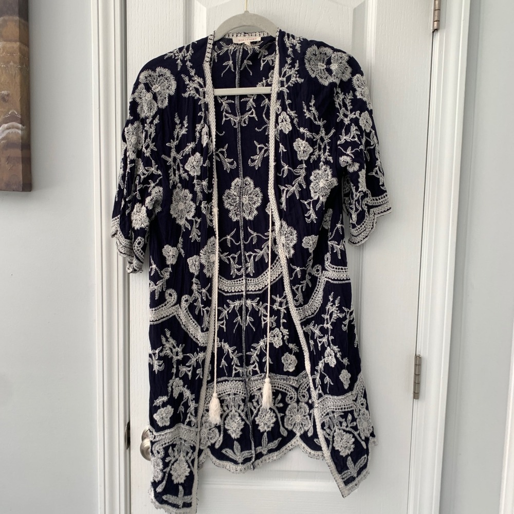 Solitaire Navy Blue Embroidered Floral Kimono Cardigan Tassel Tie Rayon 21-896 L